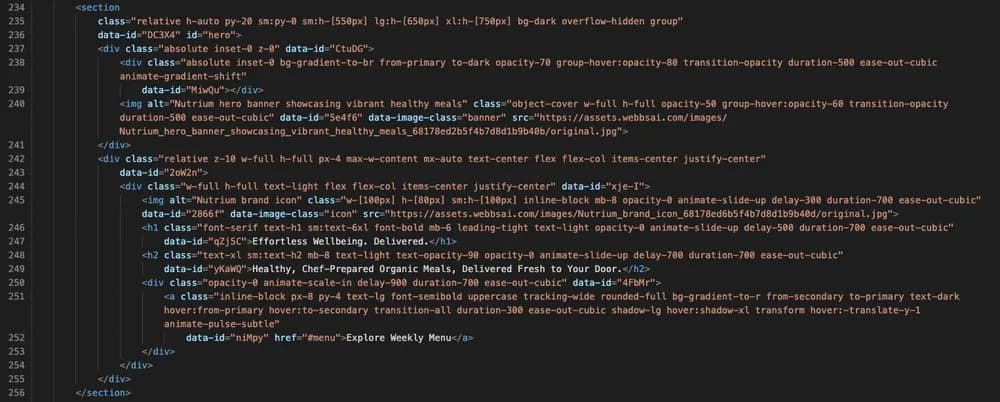 Image showing a clean and well-formatted HTML and CSS code snippet generated by WebbsAI