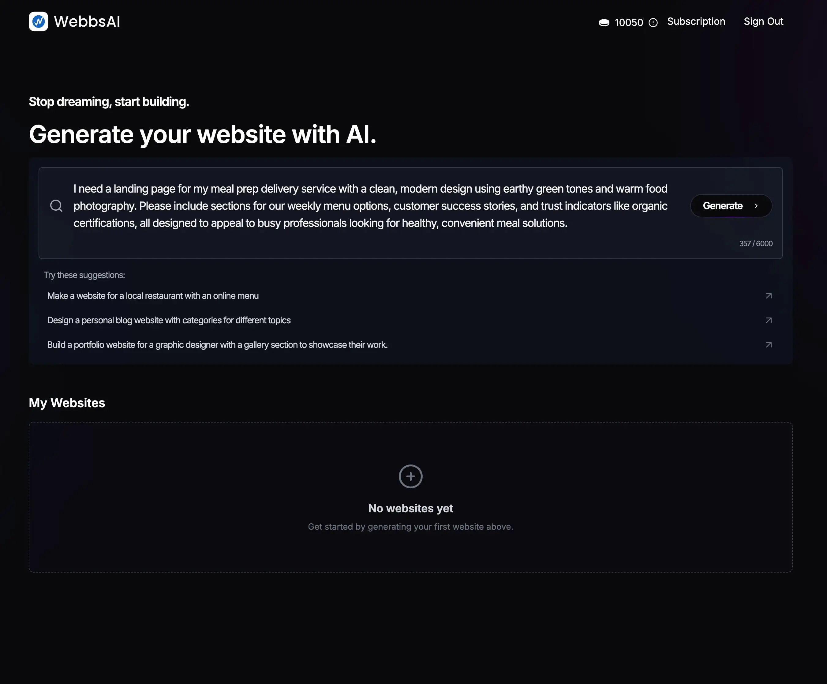 Mockup of WebbsAI chat interface for website generation