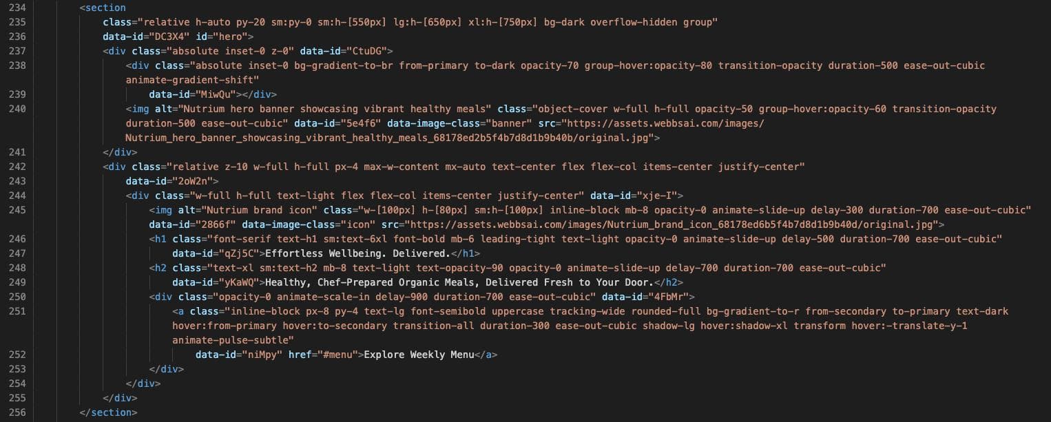 Image showing a clean and well-formatted HTML and CSS code snippet generated by WebbsAI