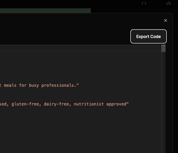 WebbsAI interface highlighting the option to export project code